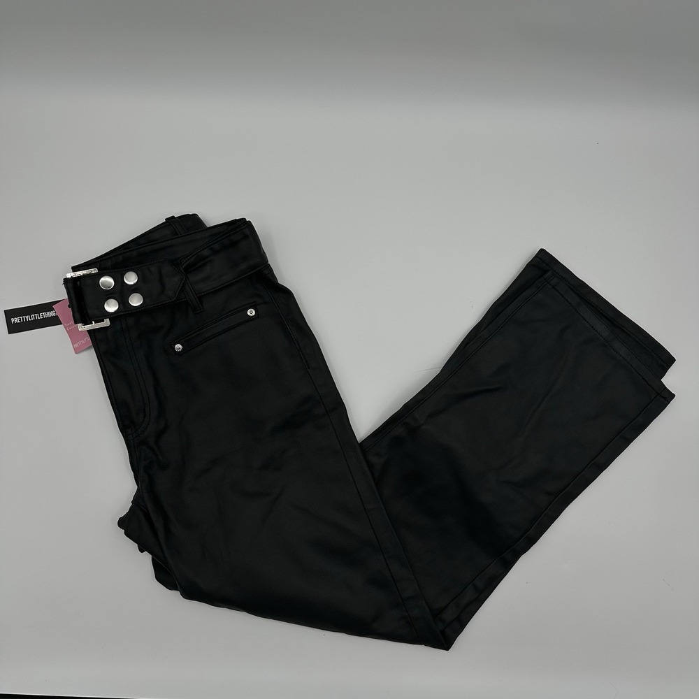 Pretty Little Thing Women's 10 Black Statement Belt Coated Straight Pants NWT